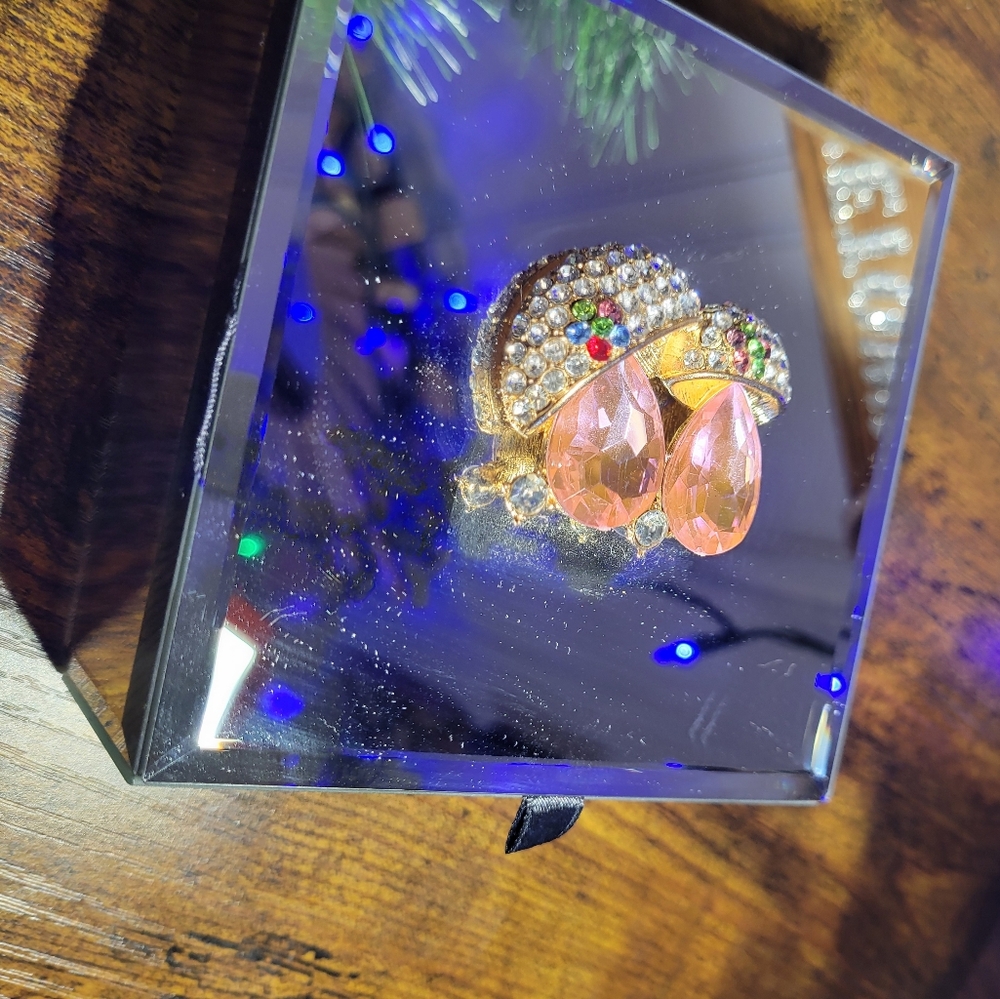Elegant mirror trinket box w/shroom/heart-pink/gold
